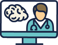 Illustration of a computer screen showing a doctor with a stethoscope and an image of a brain, representing online medical or mental health consultation.