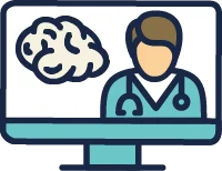 Illustration of a computer screen showing a doctor with a stethoscope and an image of a brain, representing online medical or mental health consultation.