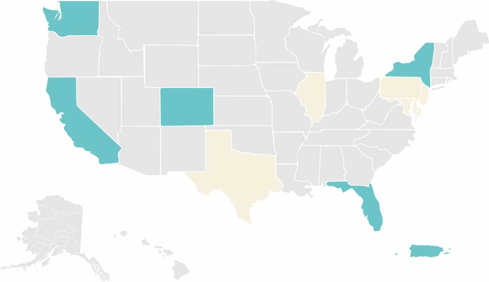 A map of the United States highlighting California, Colorado, Washington, Florida, New York, and Puerto Rico in blue, and Texas, Pennsylvania, and Illinois in light yellow. All other states are in gray.